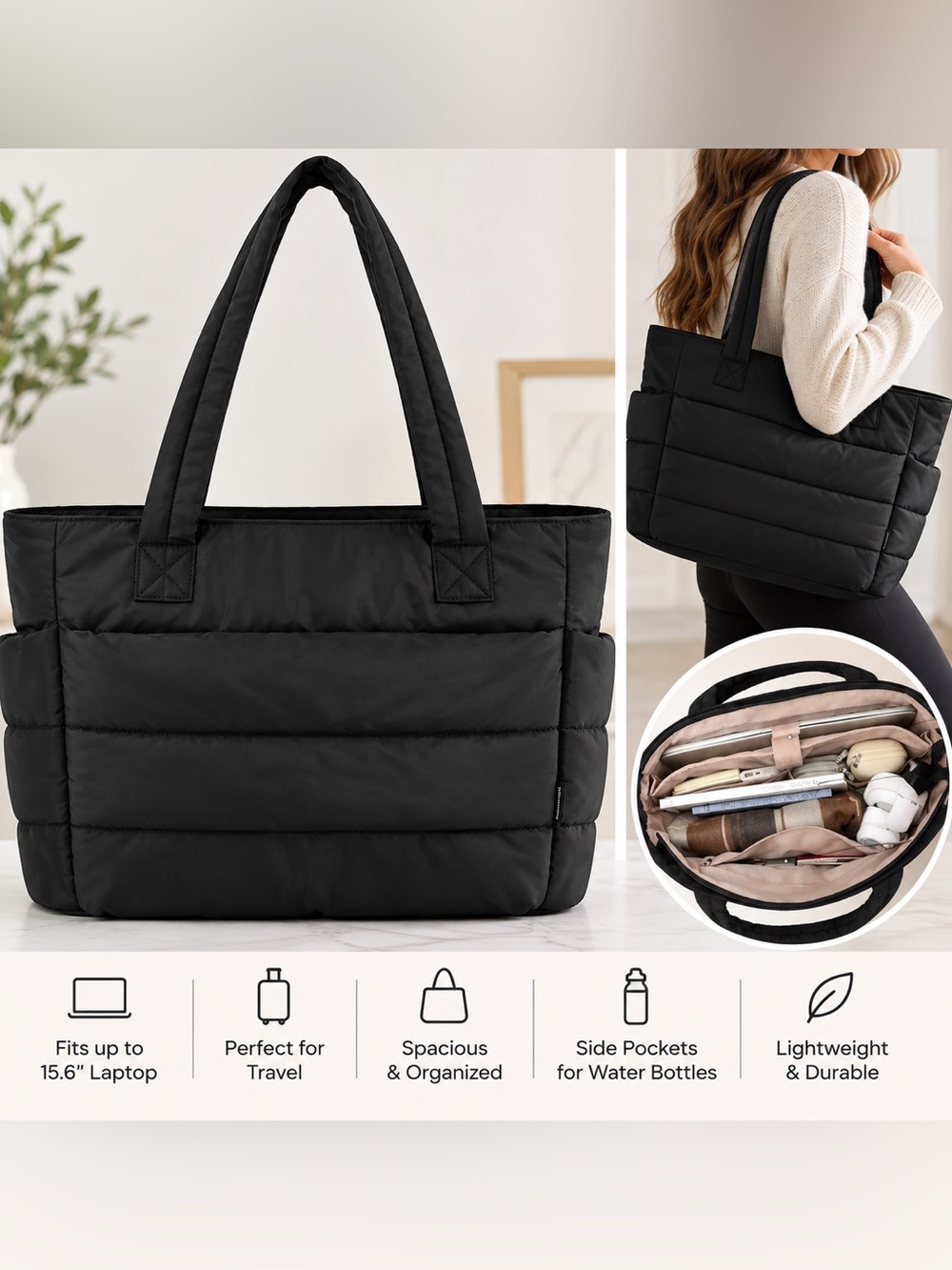 Bagsmart Quilted puffer Travel Tote Bag with Luggage Sleeve & Laptop Compartmen